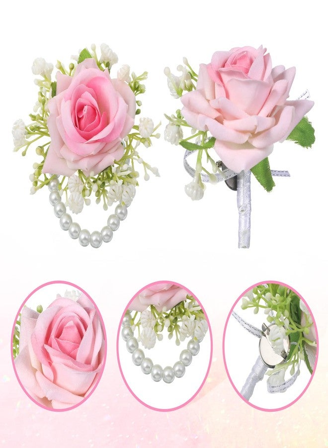 ElevateTech Wrist Corsage and Boutonniere Set, 2Pcs Artificial Rose Flower Corsage Wristlet and Boutonniere for Wedding Prom Party Decor Flowers Accessories for Groom Groomsmen Bride Bridesmaids, Pink - Image 3