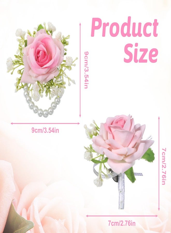 ElevateTech Wrist Corsage and Boutonniere Set, 2Pcs Artificial Rose Flower Corsage Wristlet and Boutonniere for Wedding Prom Party Decor Flowers Accessories for Groom Groomsmen Bride Bridesmaids, Pink - Image 2