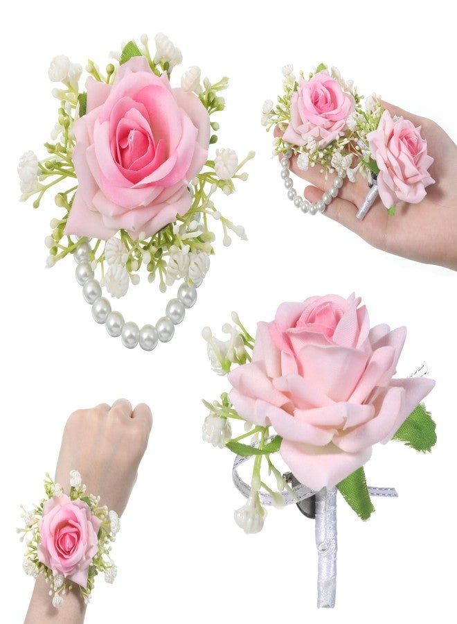 ElevateTech Wrist Corsage and Boutonniere Set, 2Pcs Artificial Rose Flower Corsage Wristlet and Boutonniere for Wedding Prom Party Decor Flowers Accessories for Groom Groomsmen Bride Bridesmaids, Pink - Image 1