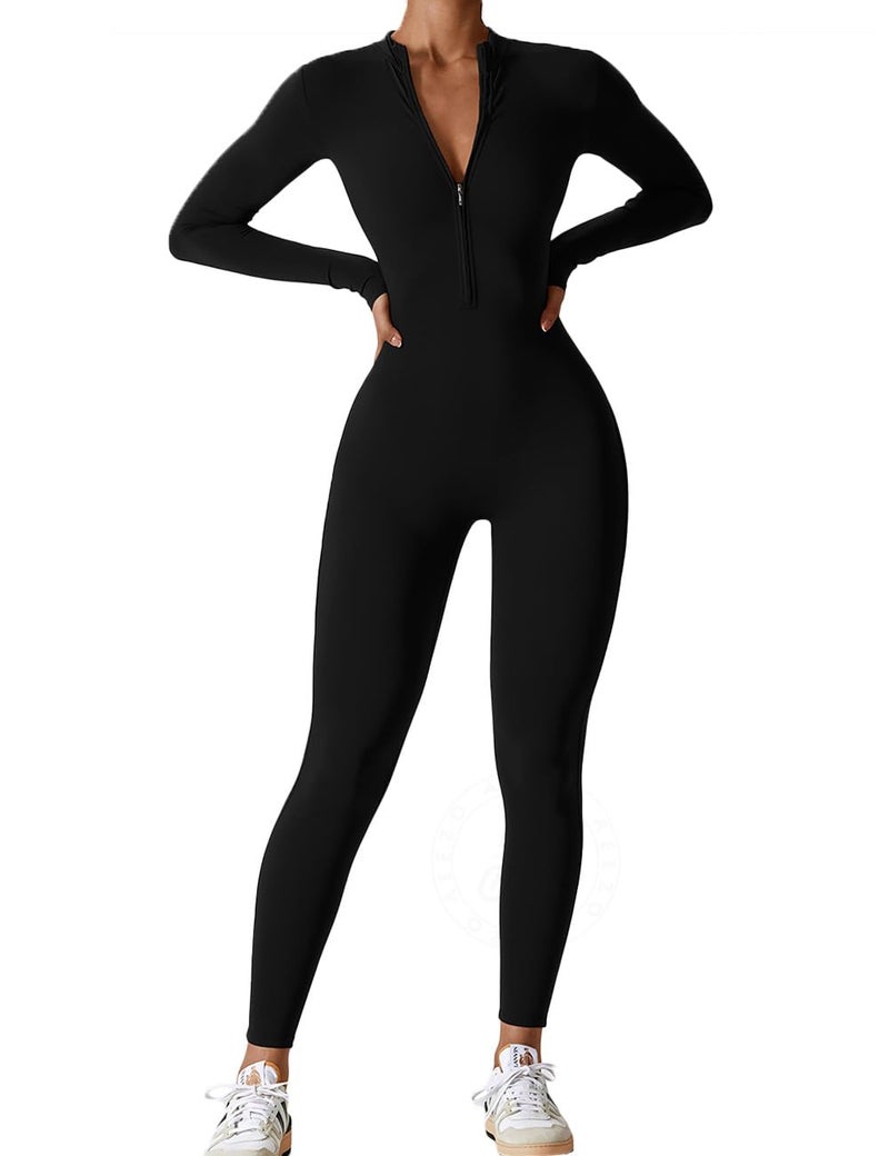 AEEZO Womens Long Sleeve Workout Jumpsuit Zip Up Yoga Rompers Sexy Tummy Control One Piece Bodycon Bottom Pants - Image 1