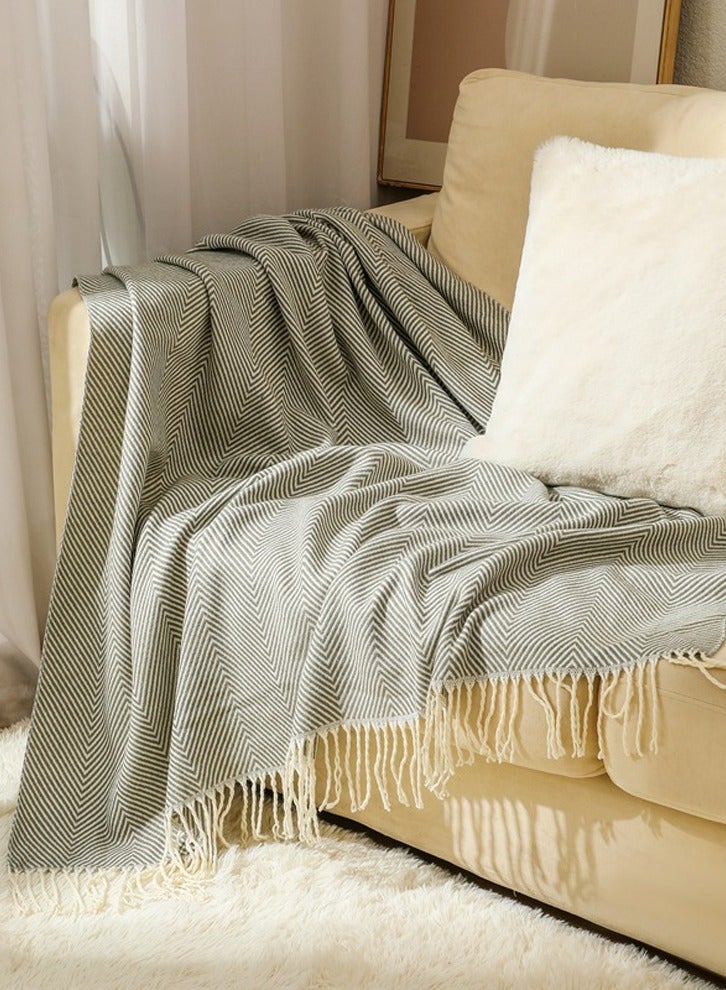 Loquat Stripes Tassel Design Knitted Soft Throw Blanket Grey - Image 1