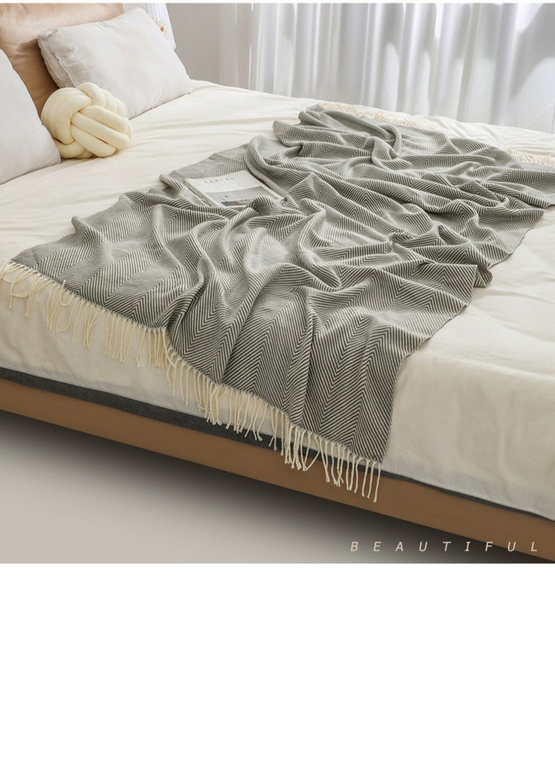 Loquat Stripes Tassel Design Knitted Soft Throw Blanket Grey - Image 2