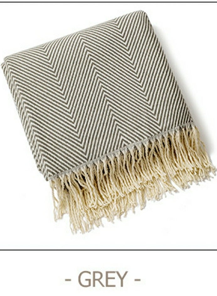 Loquat Stripes Tassel Design Knitted Soft Throw Blanket Grey - Image 3