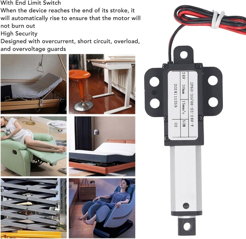 Mini Electric Linear Actuator 24V 30mm Stroke 50N Thrust 15 millimeters per Second Speed IPX4 Water Proof Electric Push Rod for Industrial Automation and Robotics Aluminum ABS - Image 2