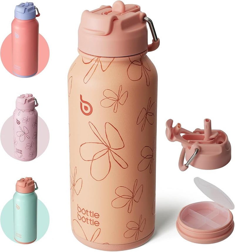 bottle bottle bottlebottle BOTTLE BOTTLE 32oz Insulated Water Bottle Stainless Steel Sport Water Bottle with Straw Dual-use Lid Design for Gym with Pill Box (yellow flower) - Image 1