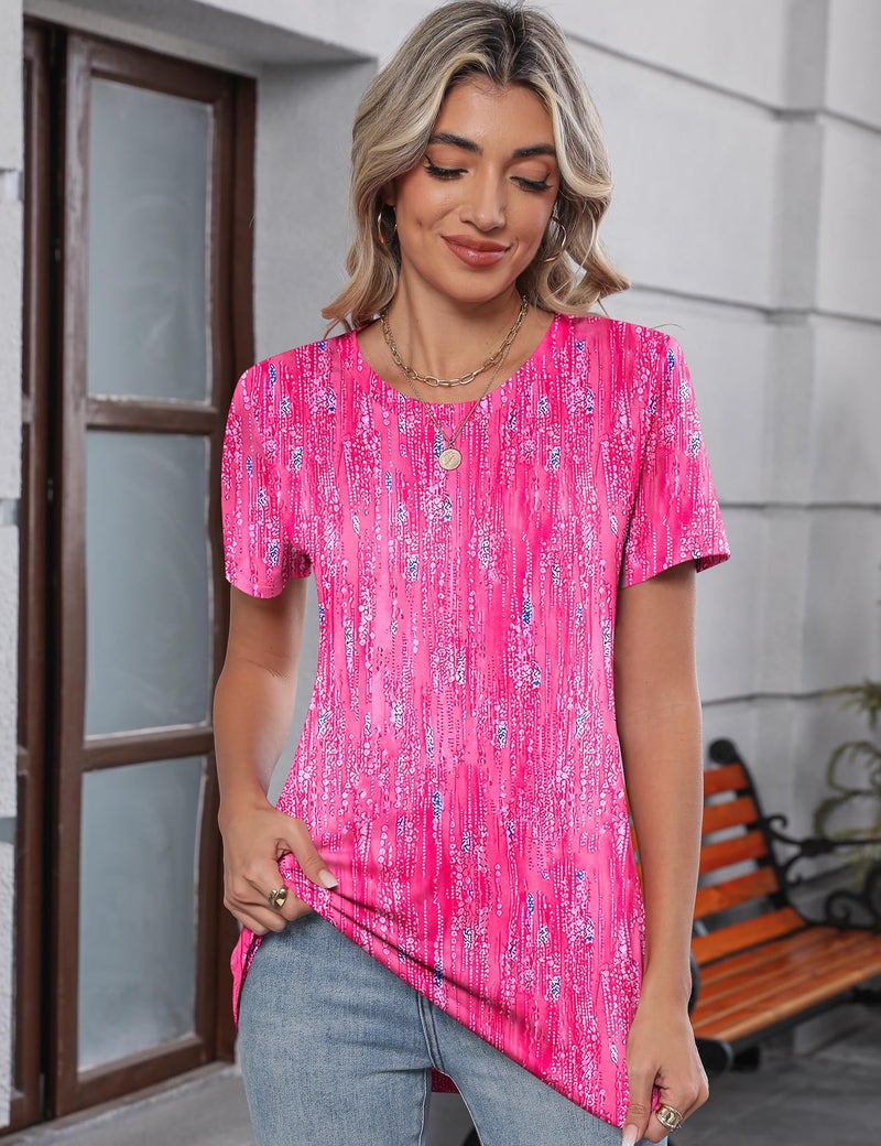 TCOT Womens T Shirts Summer Short Sleeve Crew Neck Tunic Tops to Wear with Leggings Pink Floral Cute Clothes XL - Image 4
