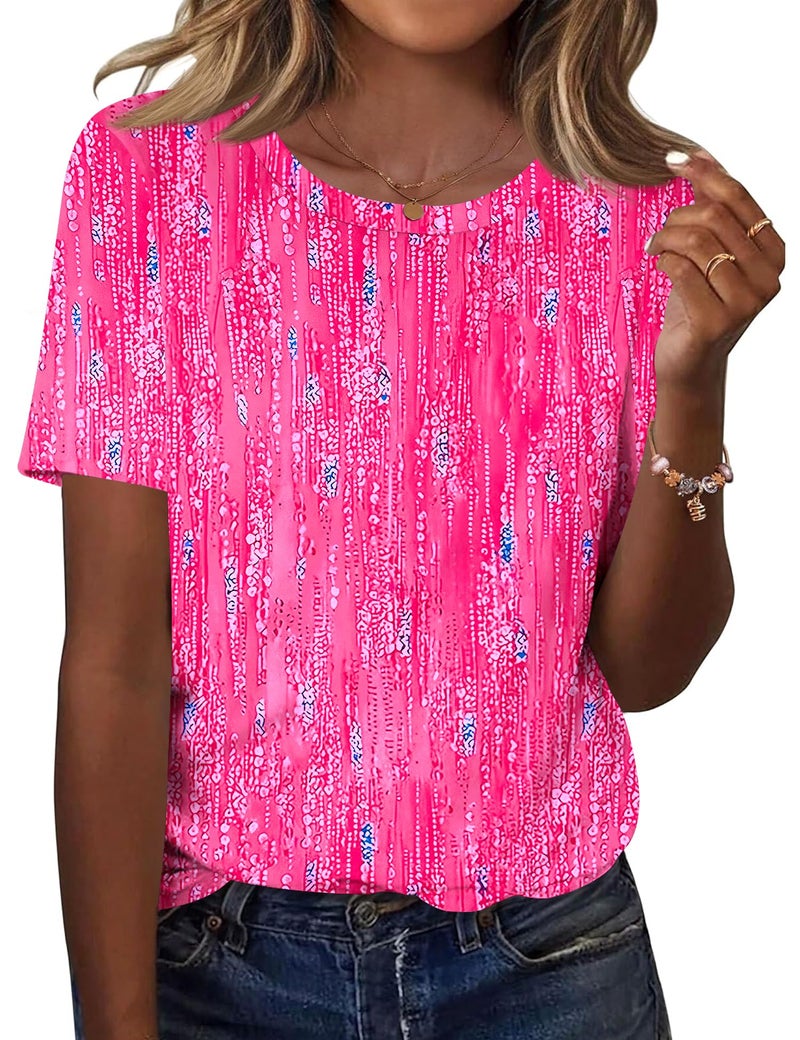 TCOT Womens T Shirts Summer Short Sleeve Crew Neck Tunic Tops to Wear with Leggings Pink Floral Cute Clothes XL - Image 1