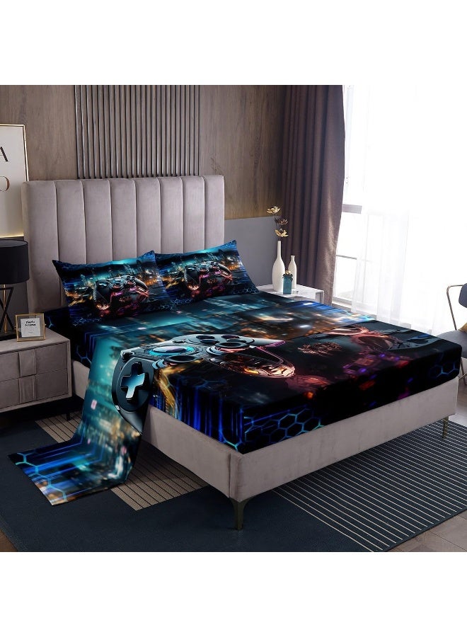 Manfei Gamepad Modern Bed Sheet Set Twin Size, Blue Honeycomb Geometric Sheet Set, Urban Architecture Neon Lights Glitter Bedding Set with 1 Flat & 1 Fitted Sheet with 1 Pillow Sham  - Image 1