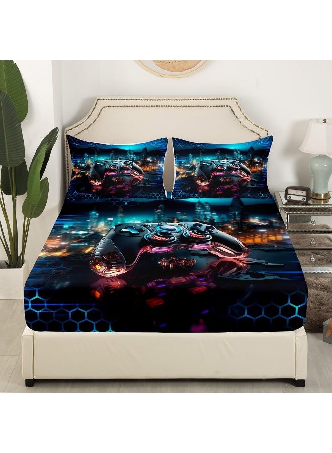 Manfei Gamepad Modern Bed Sheet Set Twin Size, Blue Honeycomb Geometric Sheet Set, Urban Architecture Neon Lights Glitter Bedding Set with 1 Flat & 1 Fitted Sheet with 1 Pillow Sham  - Image 3