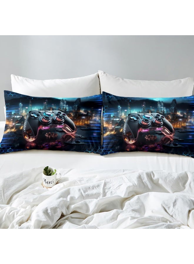 Manfei Gamepad Modern Bed Sheet Set Twin Size, Blue Honeycomb Geometric Sheet Set, Urban Architecture Neon Lights Glitter Bedding Set with 1 Flat & 1 Fitted Sheet with 1 Pillow Sham  - Image 5