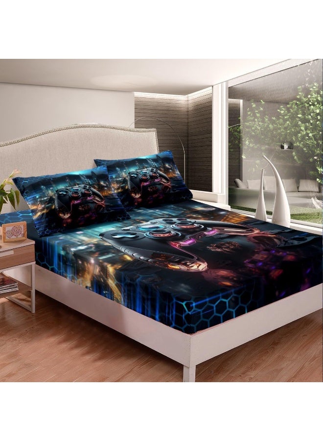 Manfei Gamepad Modern Bed Sheet Set Twin Size, Blue Honeycomb Geometric Sheet Set, Urban Architecture Neon Lights Glitter Bedding Set with 1 Flat & 1 Fitted Sheet with 1 Pillow Sham  - Image 4