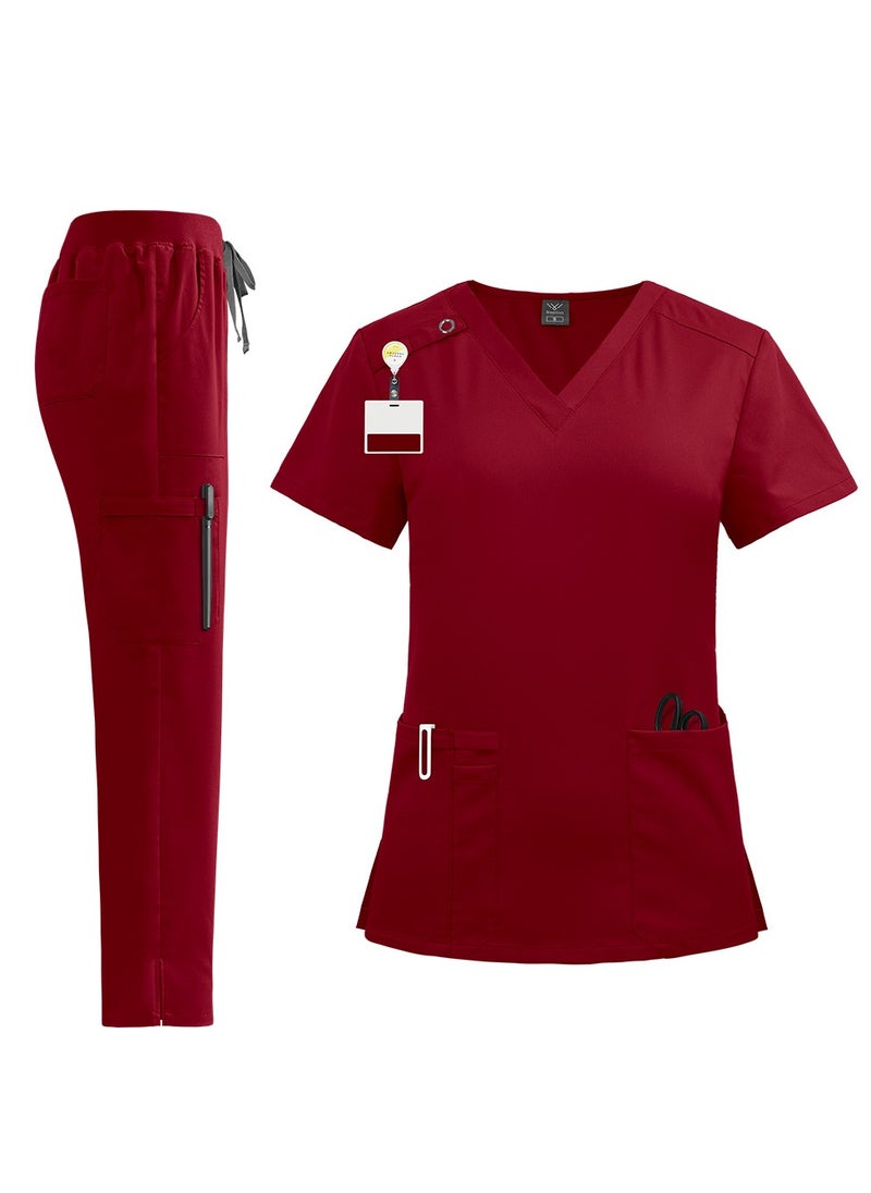 Loquat Unisex Medical Uniform Scrubs 2 Piece Set V-Neck Top and Elastic Waist Pants Suit Red  - Image 1