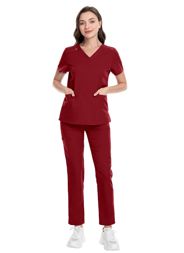 Loquat Unisex Medical Uniform Scrubs 2 Piece Set V-Neck Top and Elastic Waist Pants Suit Red  - Image 2