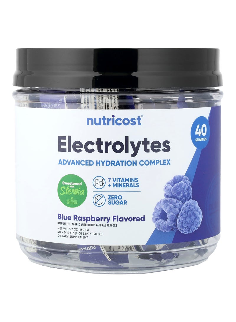 Nutricost Electrolytes, Advanced Hydration Complex, Blue Raspberry, 40 Stick Packs, 0.14 oz (4 g) Each