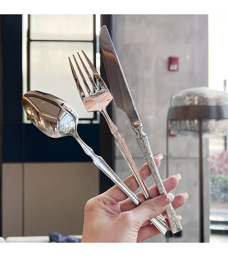 4 Pcs Essential Stainless Steel Flatware Set Home Kitchen Vertical Stripe Handle Design Knife Fork Spoon for Wedding Hotel Restaurant - Image 5