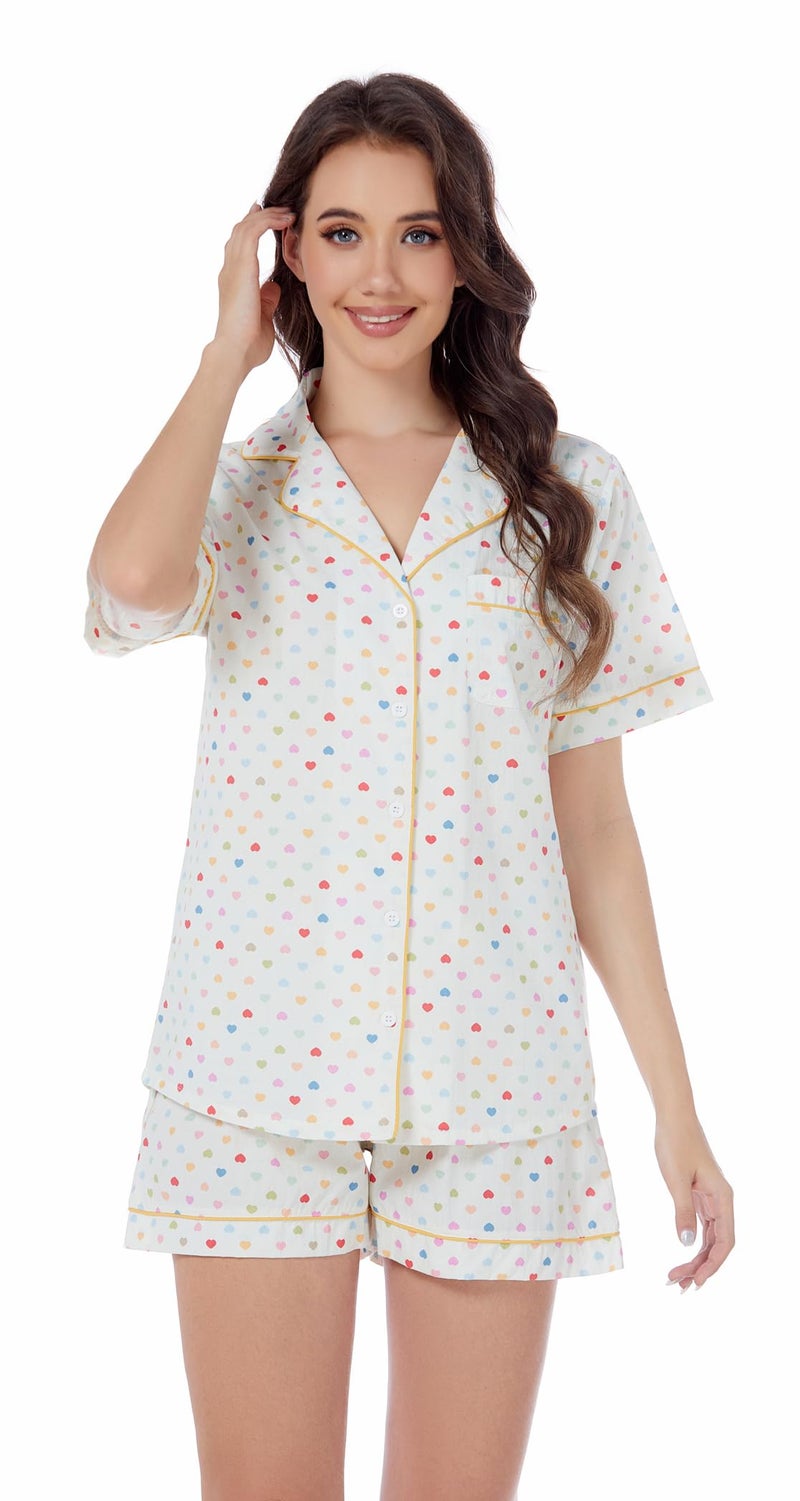 LUBOT 100% Cotton Women's Pajamas Set Button-Down Two-piece PJ Set Short Sleeve Printed Patterned Summer Sleepwear Loungewear (Colorful Hearts, M) - Image 2