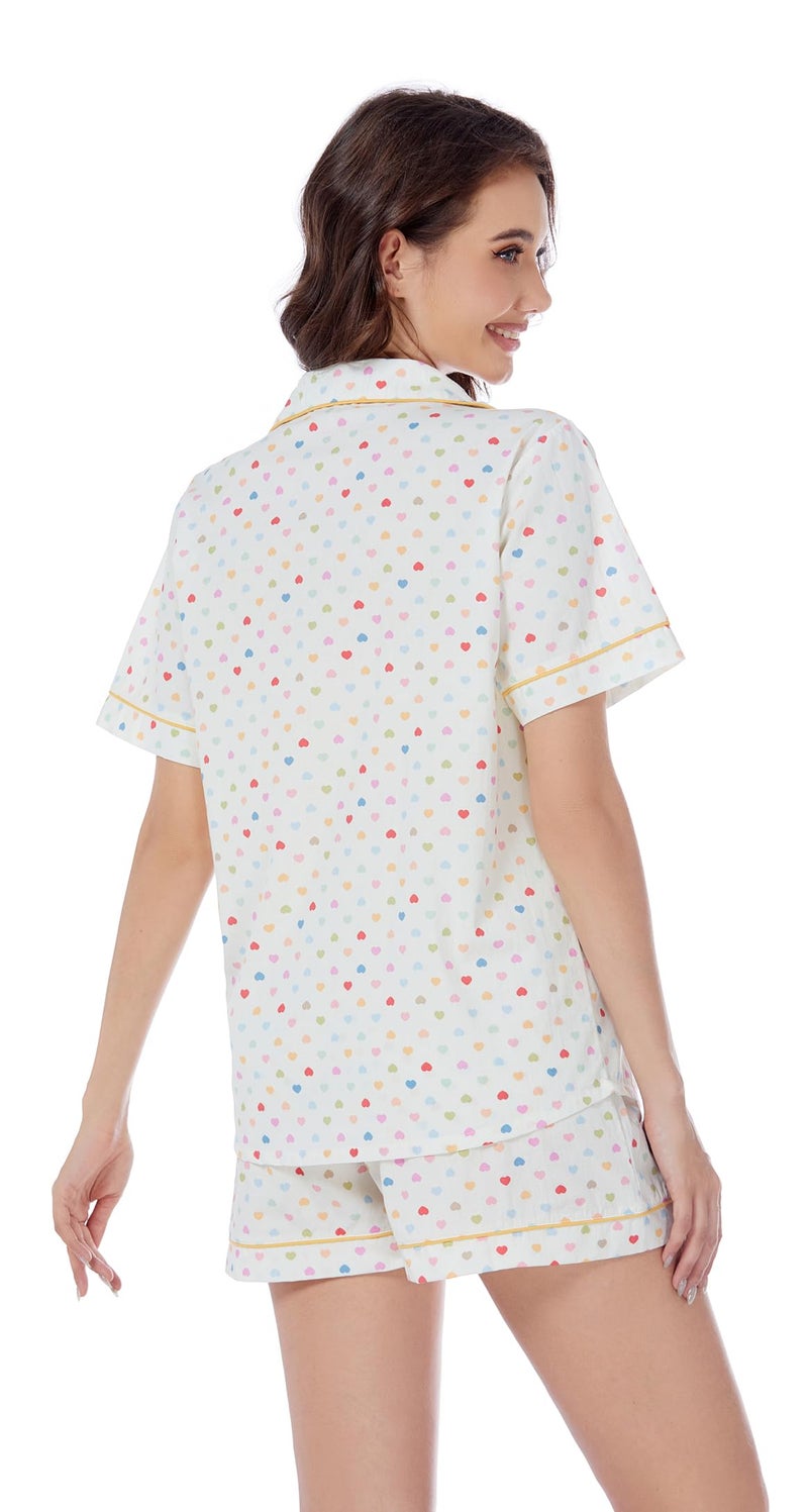LUBOT 100% Cotton Women's Pajamas Set Button-Down Two-piece PJ Set Short Sleeve Printed Patterned Summer Sleepwear Loungewear (Colorful Hearts, M) - Image 5