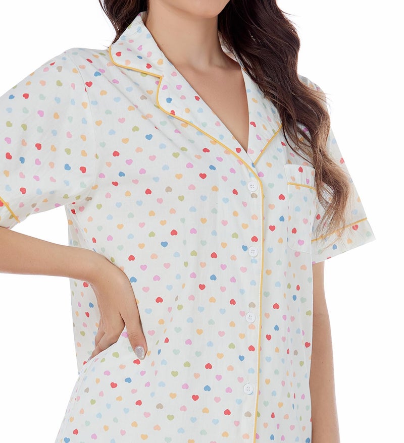 LUBOT 100% Cotton Women's Pajamas Set Button-Down Two-piece PJ Set Short Sleeve Printed Patterned Summer Sleepwear Loungewear (Colorful Hearts, M) - Image 3