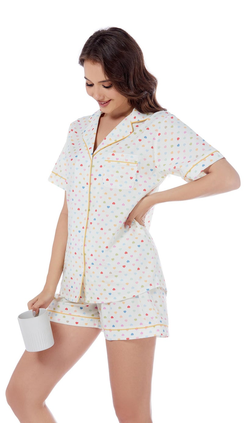 LUBOT 100% Cotton Women's Pajamas Set Button-Down Two-piece PJ Set Short Sleeve Printed Patterned Summer Sleepwear Loungewear (Colorful Hearts, M) - Image 4