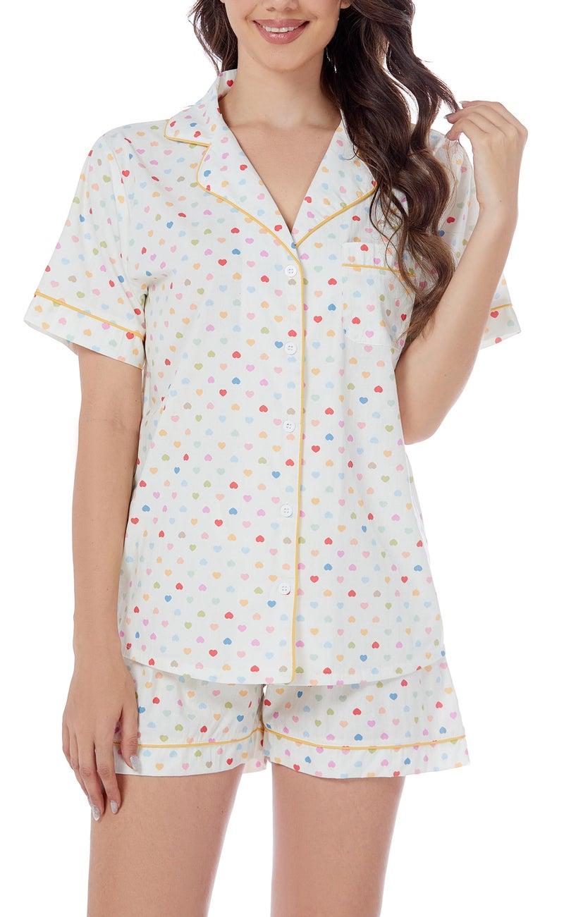 LUBOT 100% Cotton Women's Pajamas Set Button-Down Two-piece PJ Set Short Sleeve Printed Patterned Summer Sleepwear Loungewear (Colorful Hearts, M) - Image 1