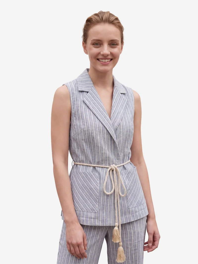 My Fashion Baby Blue MY FASHION Striped Shawl-Collar Vest and Wide-Leg Trousers Set for Women | Best Price UAE
