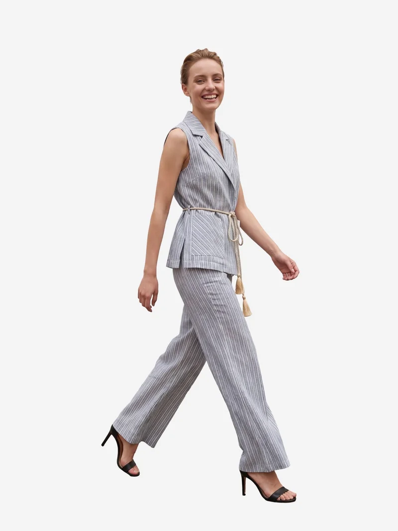 MY FASHION Striped Shawl-Collar Vest and Wide-Leg Trousers Set