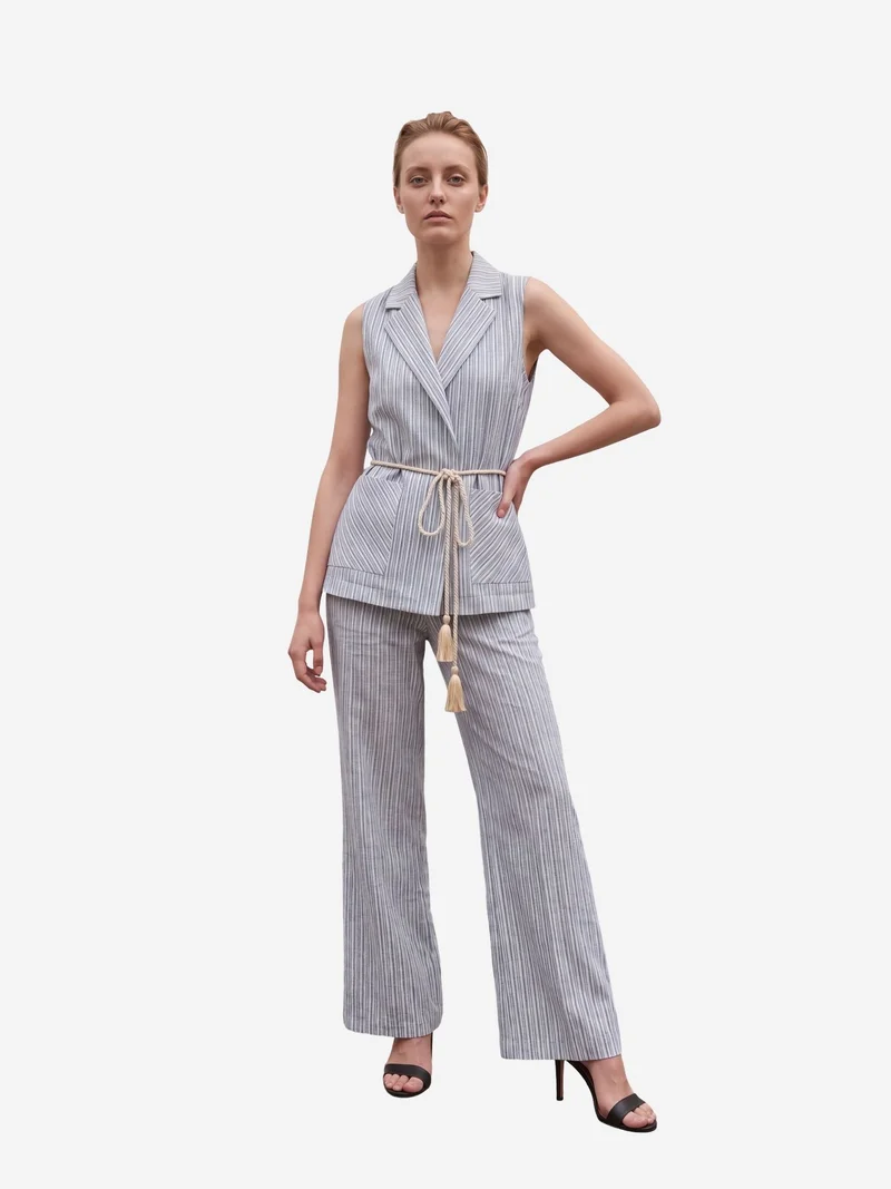 My Fashion Baby Blue MY FASHION Striped Shawl-Collar Vest and Wide-Leg Trousers Set for Women | Best Price UAE