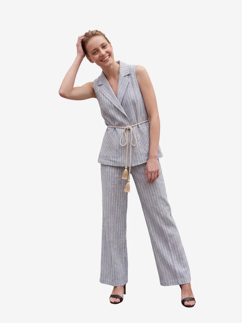 My Fashion Baby Blue MY FASHION Striped Shawl-Collar Vest and Wide-Leg Trousers Set for Women | Best Price UAE