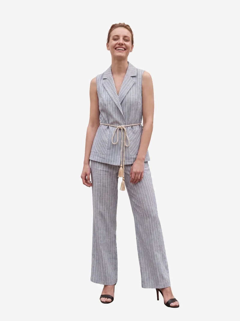 My Fashion Baby Blue MY FASHION Striped Shawl-Collar Vest and Wide-Leg Trousers Set for Women | Best Price UAE