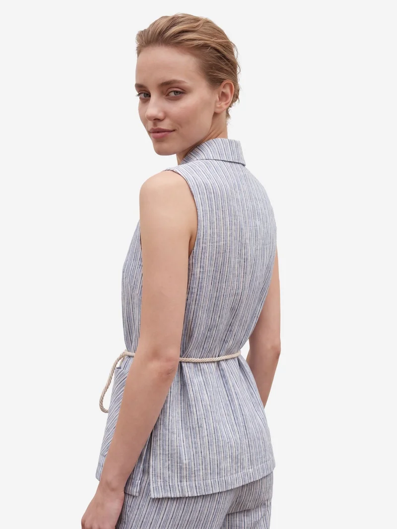My Fashion Baby Blue MY FASHION Striped Shawl-Collar Vest and Wide-Leg Trousers Set for Women | Best Price UAE