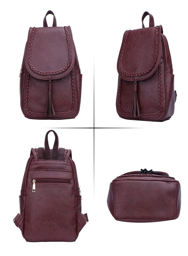 KKXIU Fashion Small Synthetic Leather Backpack Purse For Women and Ladies with Tassel (Wine) - Image 2