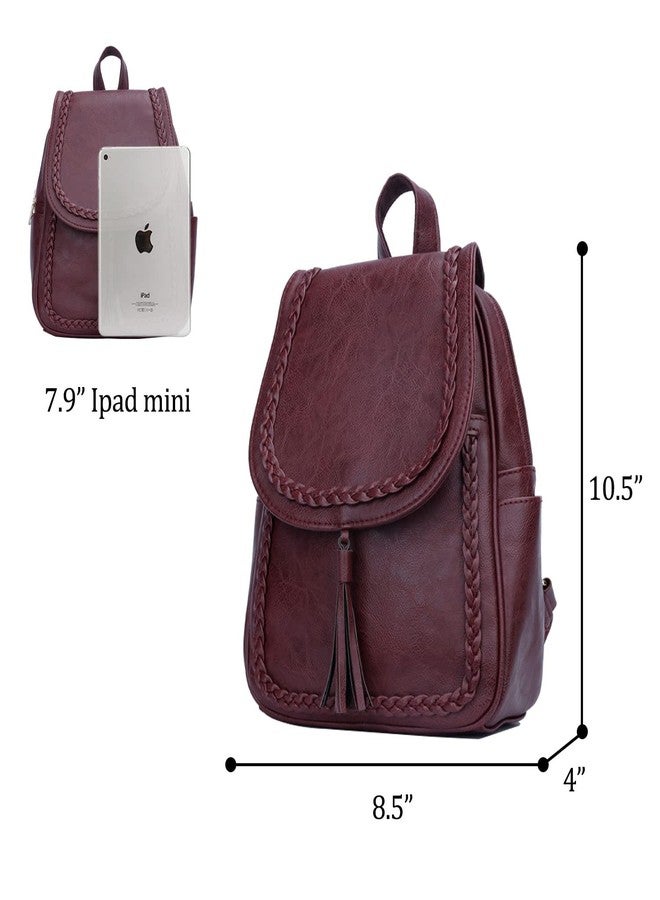 KKXIU Fashion Small Synthetic Leather Backpack Purse For Women and Ladies with Tassel (Wine) - Image 4