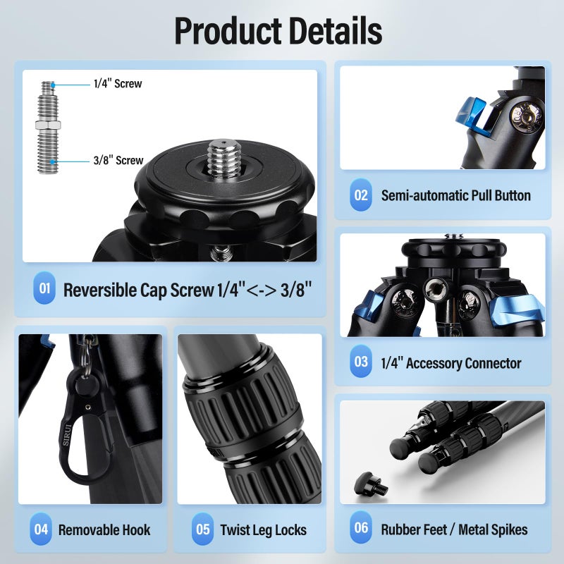 sirui SIRUI AM-284 Carbon Fiber Tripod for Travel, Professional Camera Tripod with 4-Section Legs, Twist Leg Locks, Detachable Metal Spikes, Loads up 33LB, Max Height 47.2“  - Image 2