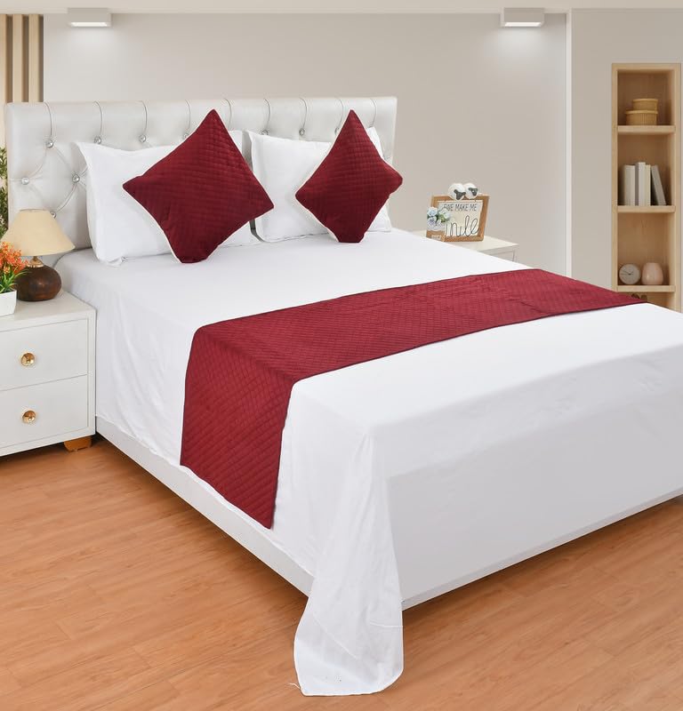 MAYSHA CREATIONS MAYSHA CREATIONS 200TC Solid Quilted Velvet Bed Runner Scarf with Matching Cushion CoversSlipcover Mattress ProtectorBed Linen ScarfDecorative Set for BedroomsHotel RoomsGuest Rooms Maroon  - Image 1