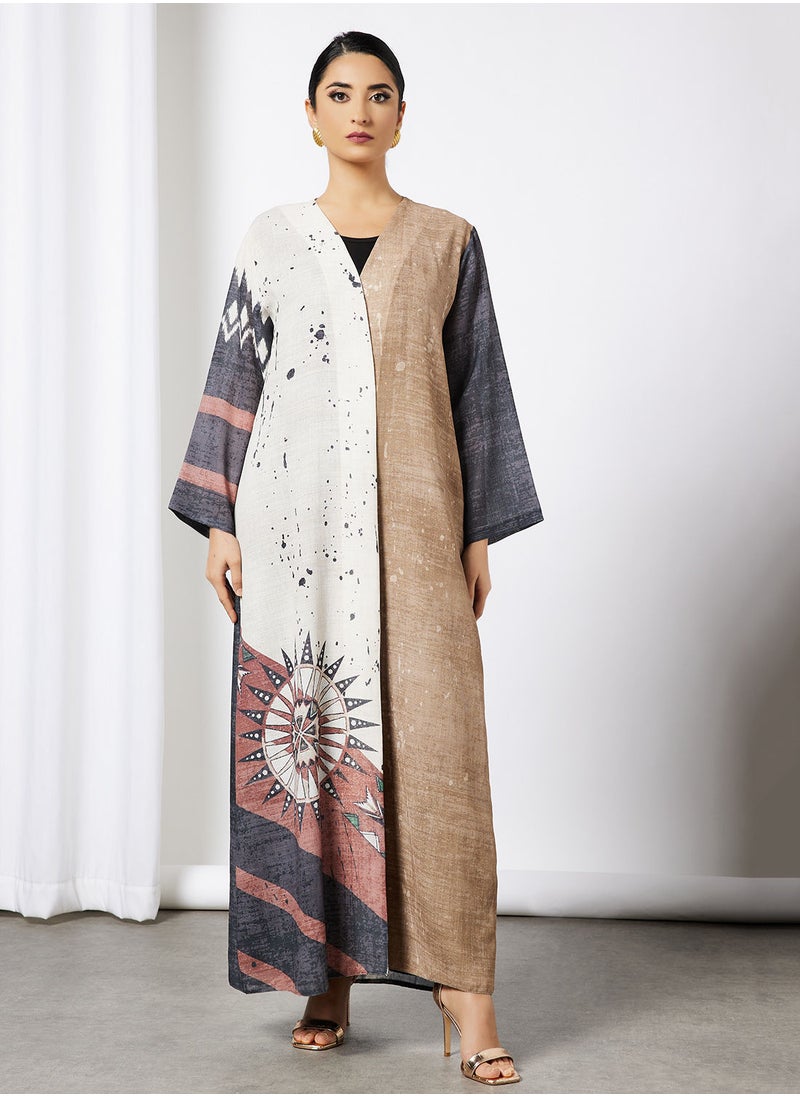 Thouq - Colourblock Printed Abaya - Image 1