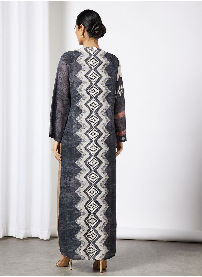 Thouq - Colourblock Printed Abaya - Image 1