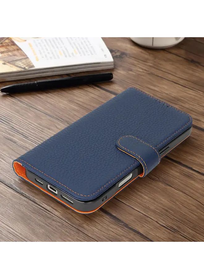 Deep Blue Leather Wallet Case For iPhone 14 With RFID Blocking And Magnetic Buckle - Image 1