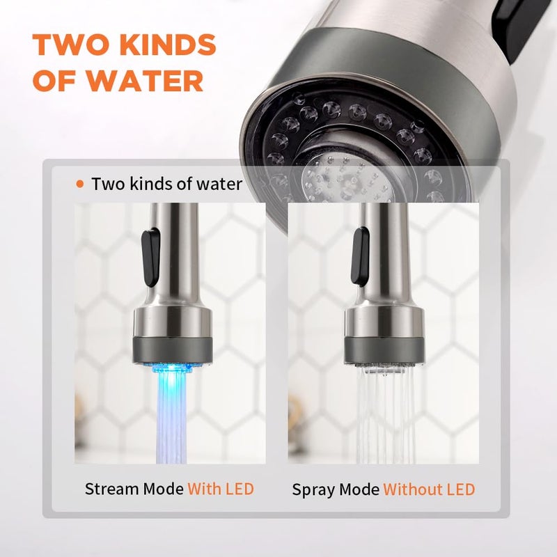 OWOFAN LED Light Kitchen Faucet with Pull Down Sprayer Sus304 Stainless Steel Industrial Single Handle Faucet for Farmhouse Camper Laundry Utility Rv Wet Bar Sinks Brushed Nickel 9003SN - Image 5