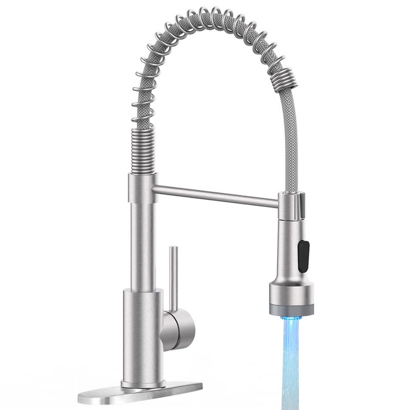 OWOFAN LED Light Kitchen Faucet with Pull Down Sprayer Sus304 Stainless Steel Industrial Single Handle Faucet for Farmhouse Camper Laundry Utility Rv Wet Bar Sinks Brushed Nickel 9003SN - Image 1