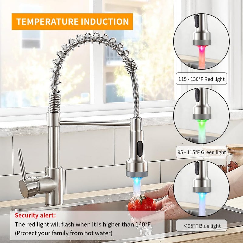 OWOFAN LED Light Kitchen Faucet with Pull Down Sprayer Sus304 Stainless Steel Industrial Single Handle Faucet for Farmhouse Camper Laundry Utility Rv Wet Bar Sinks Brushed Nickel 9003SN - Image 2