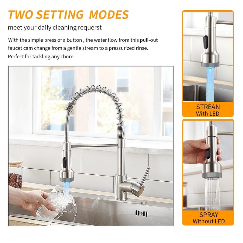 OWOFAN LED Light Kitchen Faucet with Pull Down Sprayer Sus304 Stainless Steel Industrial Single Handle Faucet for Farmhouse Camper Laundry Utility Rv Wet Bar Sinks Brushed Nickel 9003SN - Image 4