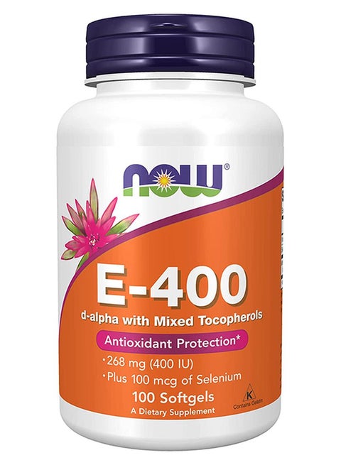 فيتامين E-400 وحدة دولية، توكوفيرولات مختلطة، حماية مضادة للأكسدة، 100 كبسولة هلامية