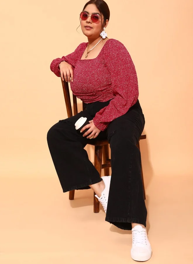 CURVY STREET Maroon Floral Print Square Neck Top for Women