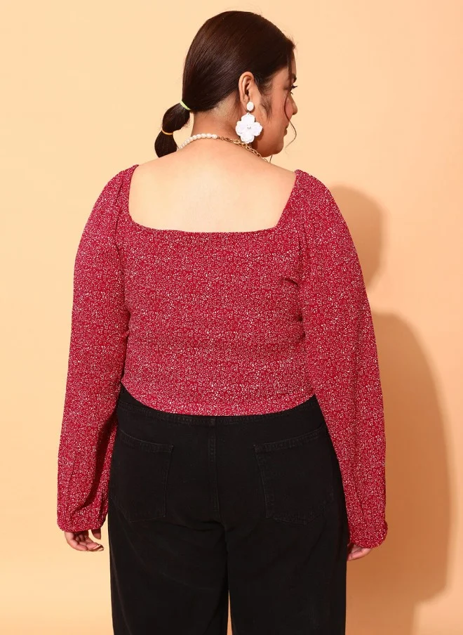 CURVY STREET Maroon Floral Print Square Neck Top for Women