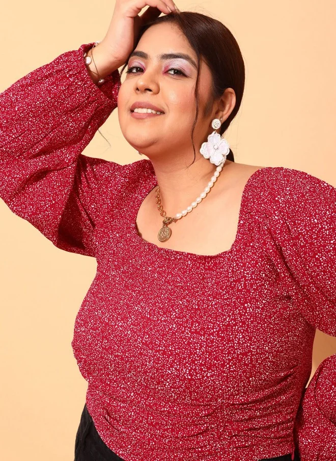 CURVY STREET Maroon Floral Print Square Neck Top for Women