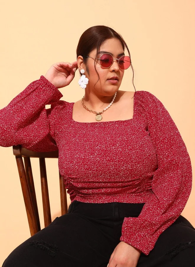 CURVY STREET Maroon Floral Print Square Neck Top for Women