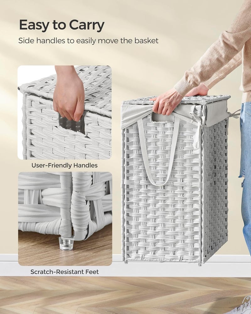 SONGMICS Handwoven Laundry Basket, 90L Synthetic Rattan Clothes Hamper with Lid and Handles, Foldable, Removable Liner Bag, White - Image 4