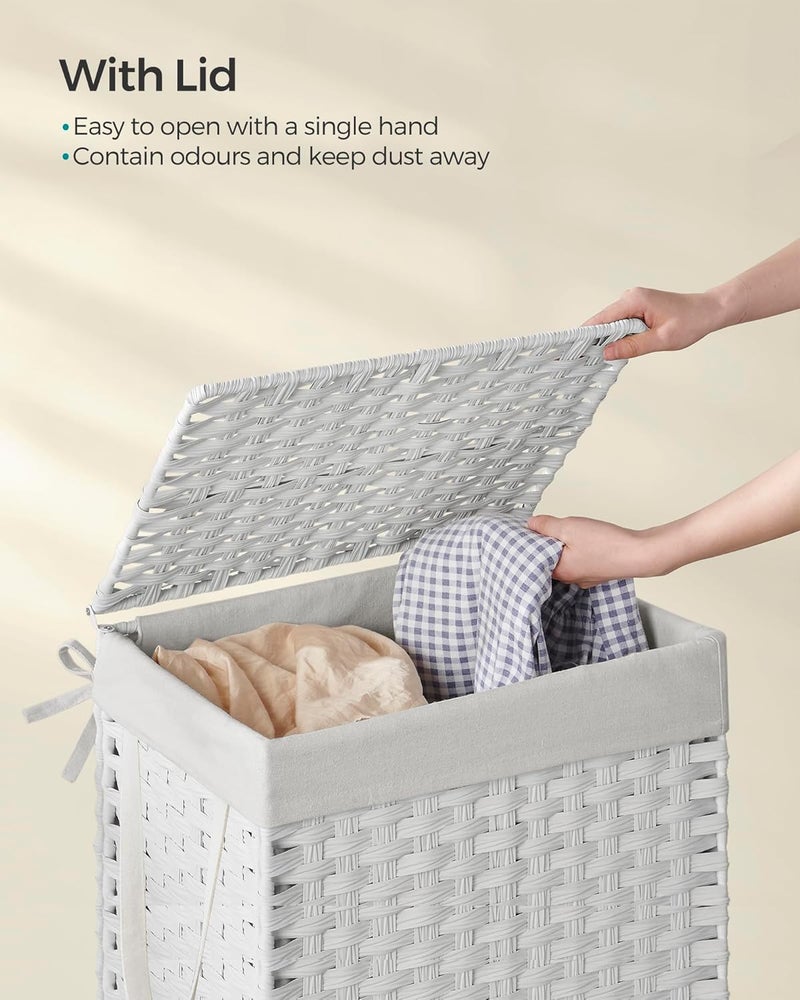 SONGMICS Handwoven Laundry Basket, 90L Synthetic Rattan Clothes Hamper with Lid and Handles, Foldable, Removable Liner Bag, White - Image 3