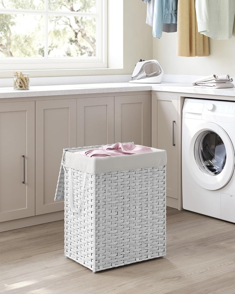 SONGMICS Handwoven Laundry Basket, 90L Synthetic Rattan Clothes Hamper with Lid and Handles, Foldable, Removable Liner Bag, White - Image 2