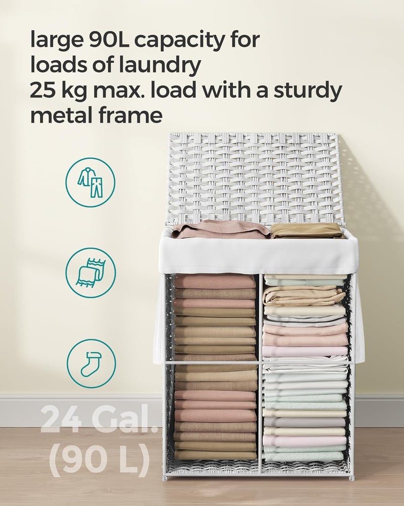 SONGMICS Handwoven Laundry Basket, 90L Synthetic Rattan Clothes Hamper with Lid and Handles, Foldable, Removable Liner Bag, White - Image 5